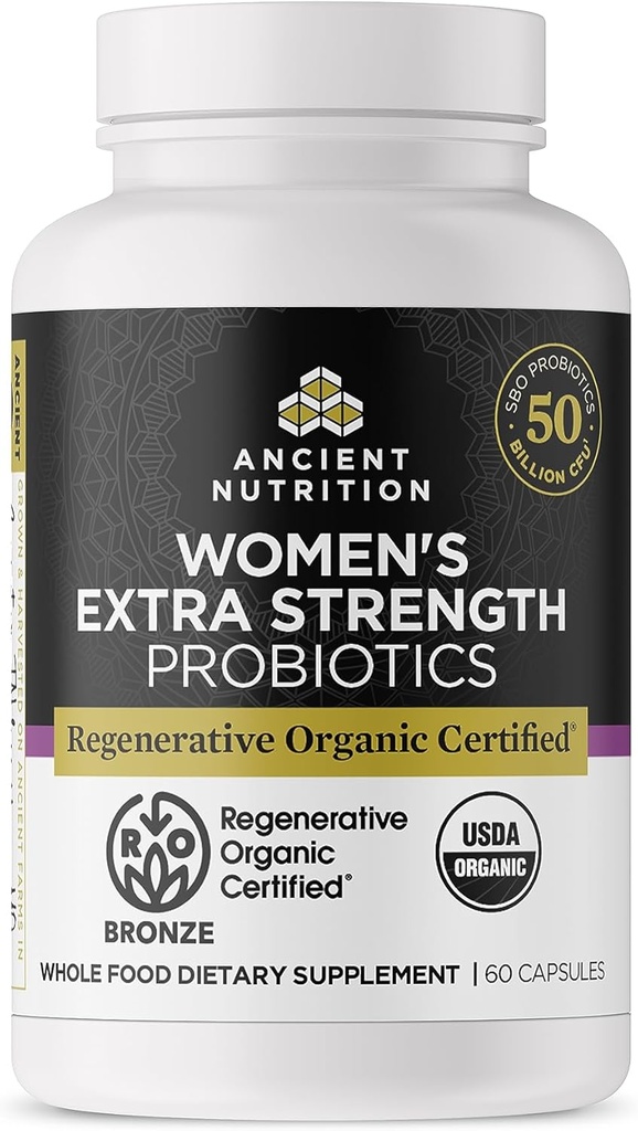 Ancient Nutrition Regenerative Organic Certified Probiotics for Women, Probiotics Women 's Extra Strength, Health Digestion and Immunent System Function Support, 25 Milionů CFU * Per Serving, 60 Count
