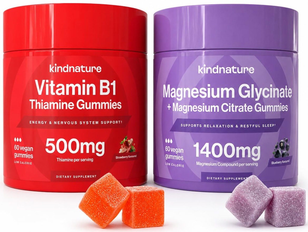 KINDNATURE Power Duo: Magnesium & Vitamin B1 Gummies Bundle - Enhanced Energy & Nerve Support, Delicious & Chewable