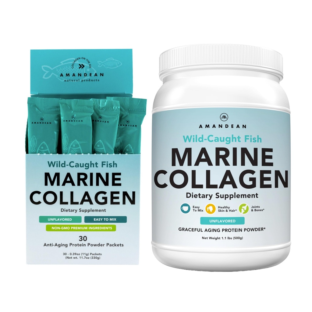 AMANDEAN Marine Collagen Duo. 500g Container + 30 cestovních balíčků. Hydrolyzované ryby kolagen Peptidy pro pleť, vlasy a nehty. Pescatarian, Keto & Paleo-Friendly, Neochucené