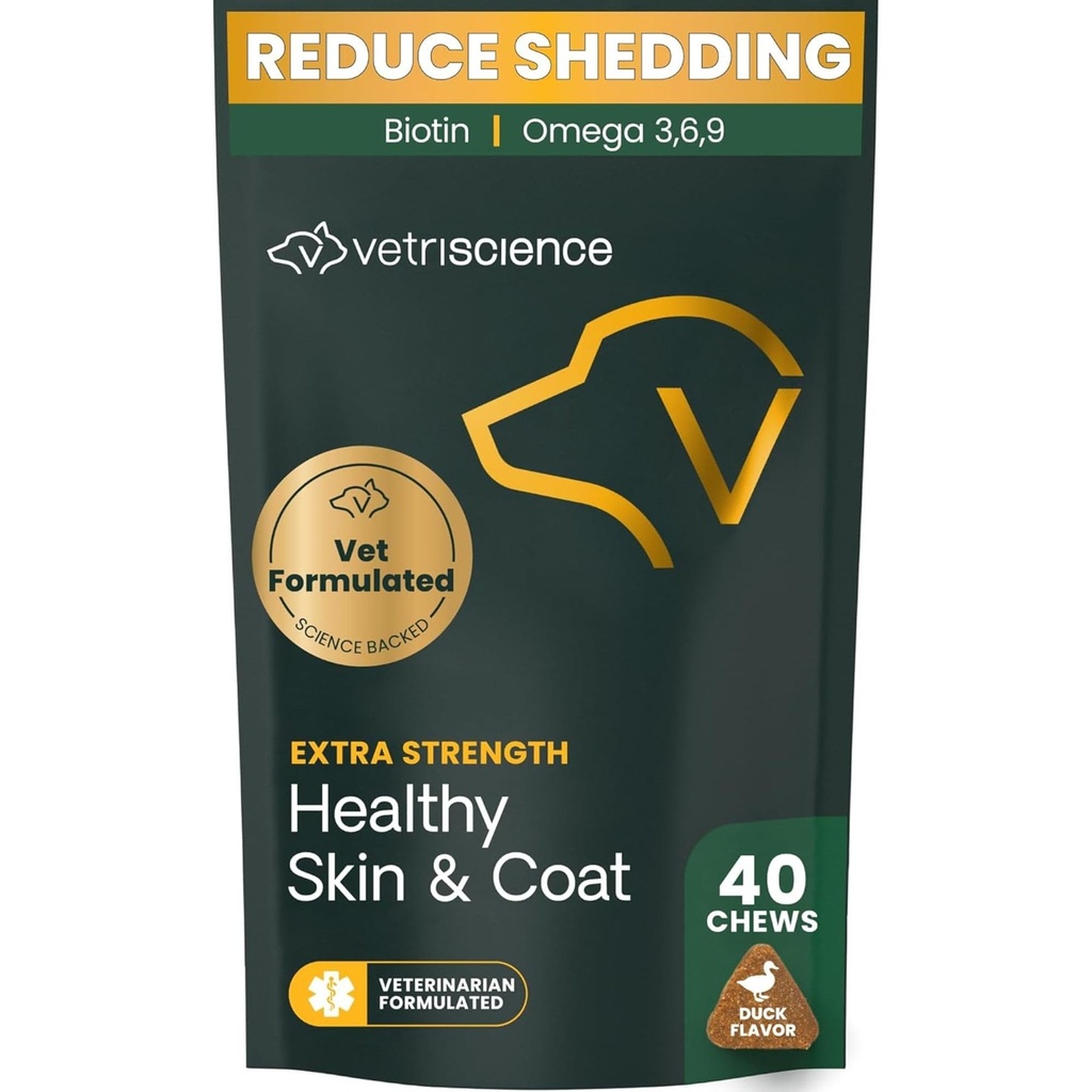 VetriScience Extra Síla Zdravá kůže & Coat Chews, Omega Plus doplněk pro psy, s vyváženou Omega 3, 6, 9, Rybí olej a biotin, Zdraví kůže, Růst a lesk, Duck, 40 Počet