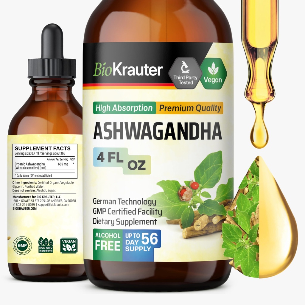 BIO KRAUTER Ashwagandha Liquid Drops - Ashwagandha Doplňky pro Calmness - Vegan Mood Support Drops - Alkohol & Sugar Free - 4 Fl.Oz.