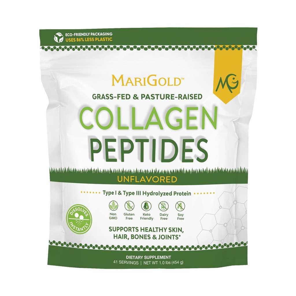 MariGold Grass- krmené kolagen Peptides Powder Neochucené 1LB - 100% čisté, typ I & III Bovine Hydrolyzované kolagen, Non- GMO, Hormone- Gluten-Dairy Free, Keto- Friendly, Easy to Mix