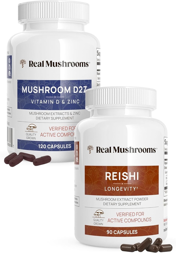 Skutečné houby Vitamin D2, zinek (120ct) a Reishi 415 (90ct) Bundle s Chaga - Přírodní podpora imunity, lepší spánek, a relaxace - Vegan, gluten zdarma, Non- GMO, organické houby extracts