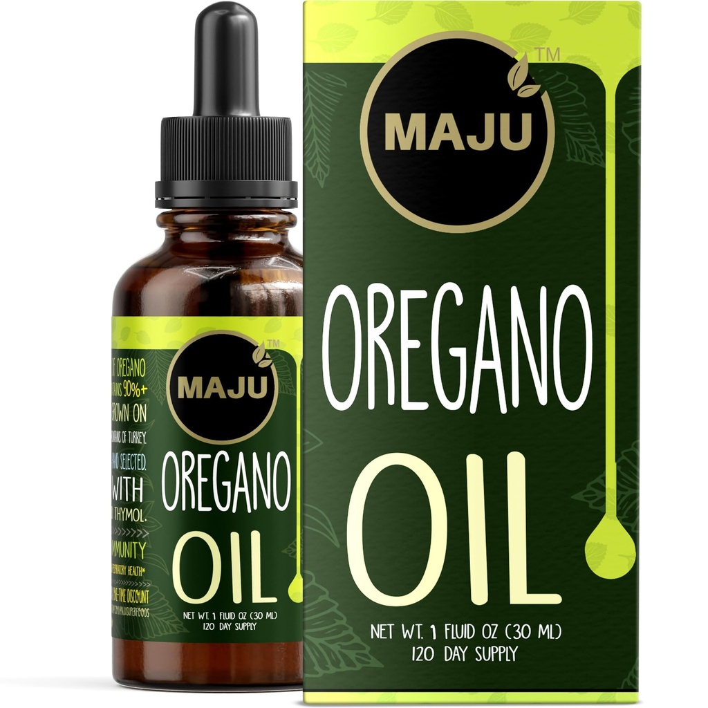 Maju Superfoods Oregano Oil Drops, Potent 90% + Carvacol (1 fl Oz) Wild Mediterranean Essential Oil of Oregano Liquid, Aceite de Oregano, Imunitní a sezónní podpora