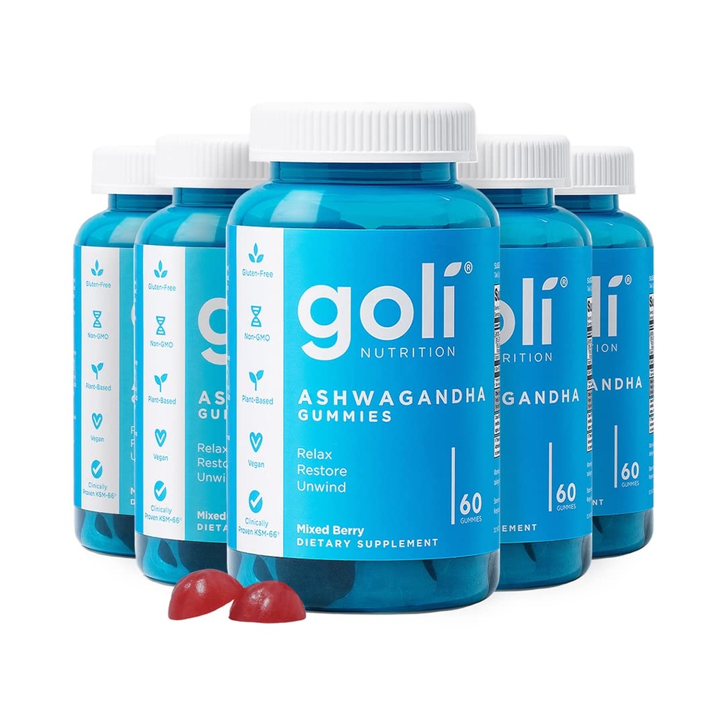 Goli Ashwagandha & Vitamin D Gummy - 300 Počet - Smíšené Berry, KSM- 66, Vegan, Plant based, Non- GMO, gluten- Free & Gelatin Free Relax. Obnovit. Uvolnit, balení po 5