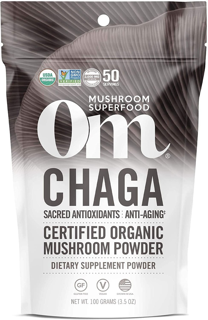 Om Houba Superfood Chaga Organic Houba Powder, 3.5 Ounce, 50 Servings, US Grown, Sacred Antioxidants & Imunitní Podpora, Superfood Houba Dodatek