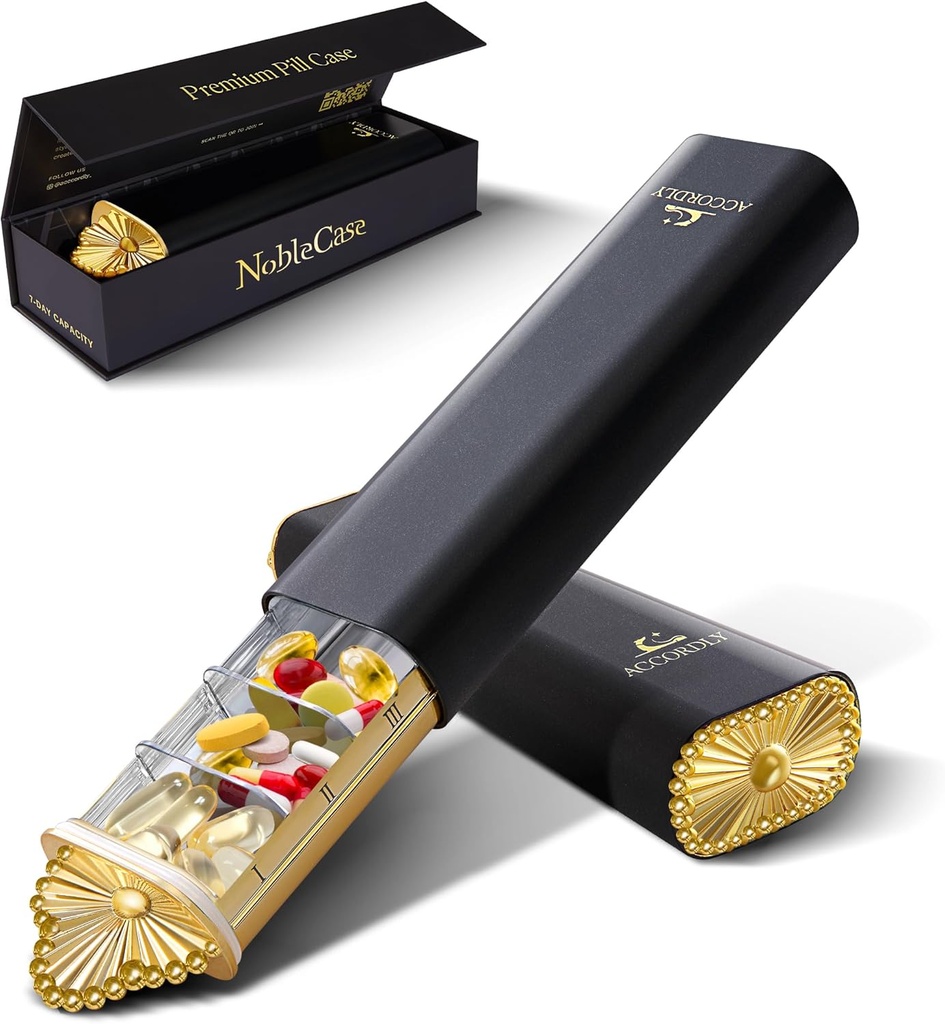 Premium Týdenní Pořadatel pilulek, 7- denní Kompaktní Pouzdro pro kabelku, Lehký Zlatý Hliníkový Pilový box pro vitamíny, Medicína, Doplňky, Luxusní Wellness dárek