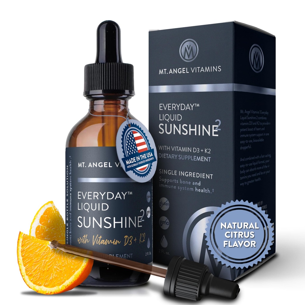 Mt. Angel Vitamíny - Veganský vitamin D3 & K2 Liquid Supplement - 5000 IU D3, Trans MK7 K2 - Gluten- Free, Non- GMO - Ideální pro dospělé a děti - Vaše denní dávka slunečního svitu 124; K2 D3 vitamin dodatek