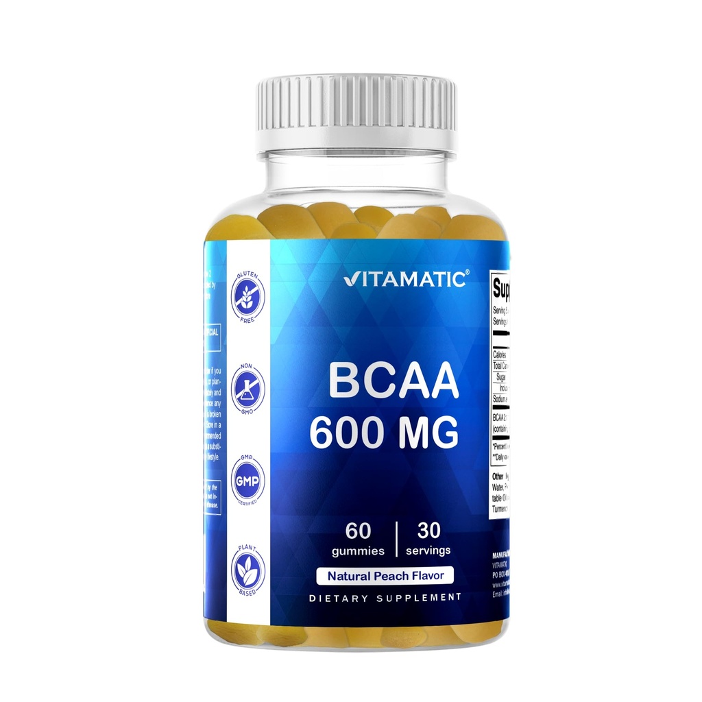Vitamatic BCAA Gummies - Doplněk aminokyselin z řetízkového řetězce - Peach Flavor - 600mg na jednu porci - 60 Vegan Pectin Based Gummies (1 lahvička)