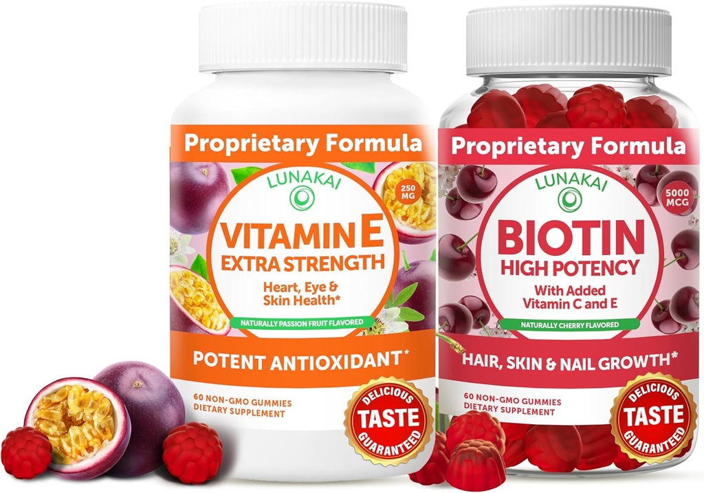Lunakai Vitamin E a Biotin Gummies Bundle - 3000 mcg Gummies pro dospělé Energetická podpora a zdraví kostí - Vitamíny pro vlasy, kůže a mladistvý vzhled
