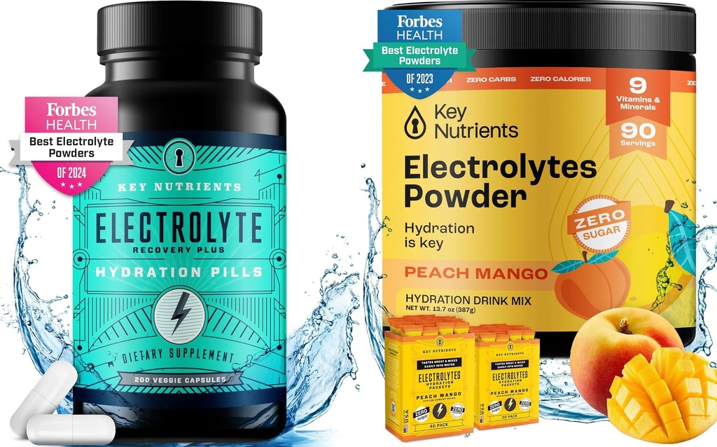 KEY NUTRIENTS Hydration & Energy Electrolyte Bundle - Electrolyte Tablets & Tropical Peach Mango Multivitamin Powder, Sugar- Free