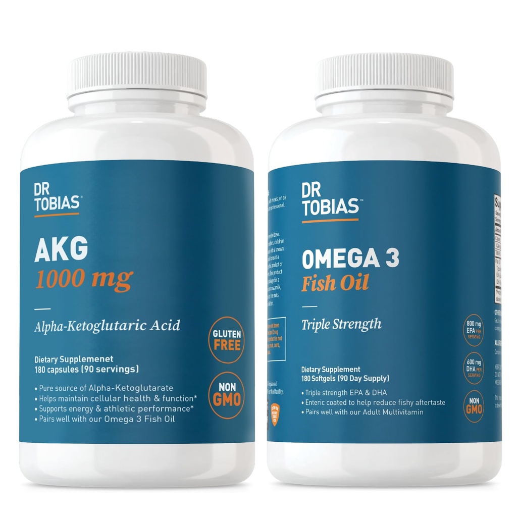 Dr. Tobias AKG dodatek & Omega 3 Fish Oil, Podpora Cellular Energy & Cell Health s AKG a Triple-Strength Omega 3 EPA & DHA, Non- GMO