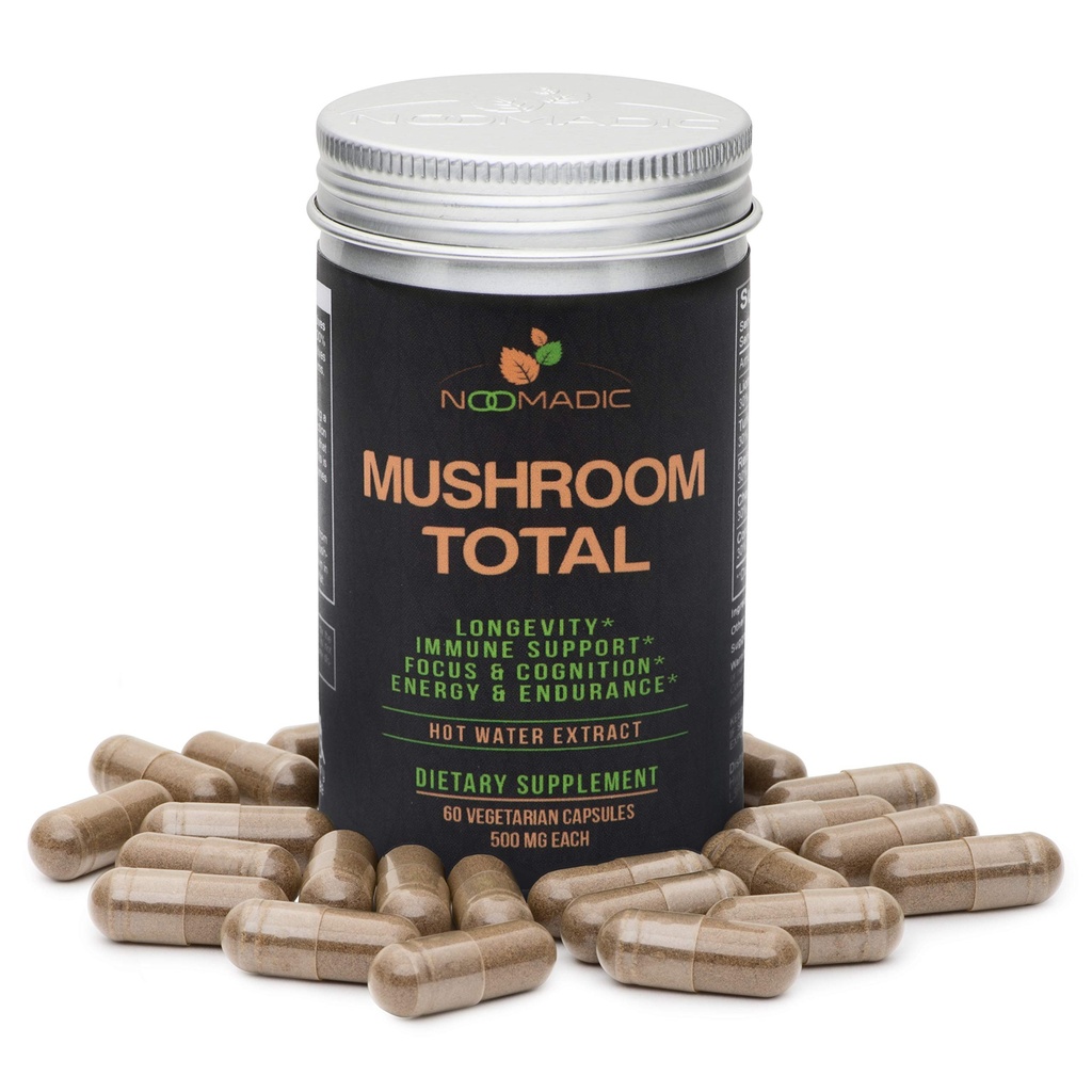 Noomadic Houba Celkem, 60 Kapsle, 500mg, 30% Beta Glukans, Adaptogenní Houbový komplex Lions Mane, Turecko Tail, Chaga, Reishi, Cordyceps, Hot Water Extract, Ovocná tělesa.