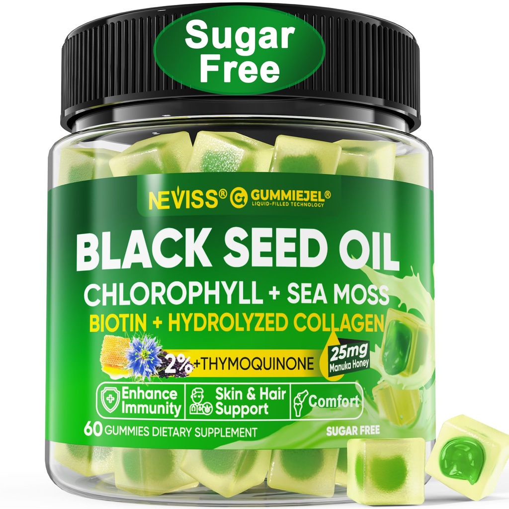 Black Seed Oil Gummies, Chlorofyl & Moss dodatek 500mg, Biotin 500mcg s hydrolyzovaný kolagen pro pleť, vlasy a nehty, Vit E, C, zinek pro celkové zdraví, organické studená tlak, vysoká absorpce