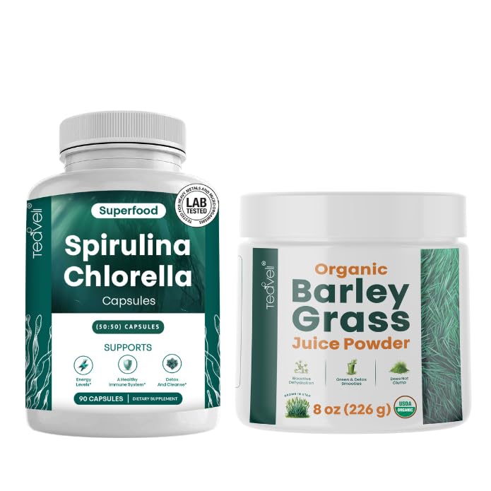 Teaveli Spirulina a Chlorella Kapsle a Orgaic Barley Tráva Juice Powder Bundle
