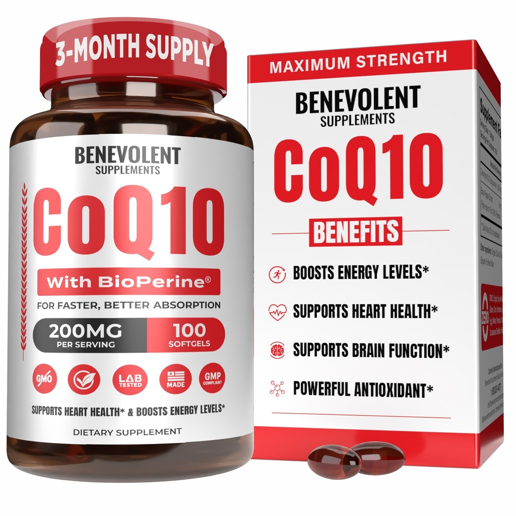 Benevolent Pure CoQ10 200mg Softgels with BioPerine® for Max Absorption, Ubiquinone Coenzyme Q10 Supplement for Heart Health, Energy Production, Healthy Aging & Antioxidant Support, 100 Softgels