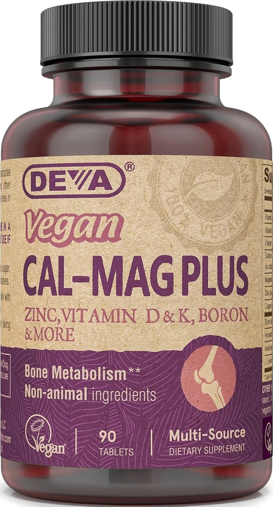DEVA Vegan Cal MAG Plus doplněk s vápníkem, hořčík, zinek, boron, vitamin C, D & K, 90 Tablety, 12- Pack