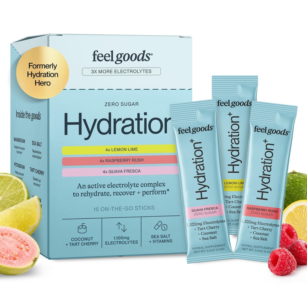 Feel Goods Hydration Hero, Variety Pack, 1.000mg Electrolytes Powder, Sugar Free, Magnesium, Organic Aloe Vera, L Theanine, Vitamin C, Vegan, Non GMO, On The Go Electrolyte Packets, 12 Count