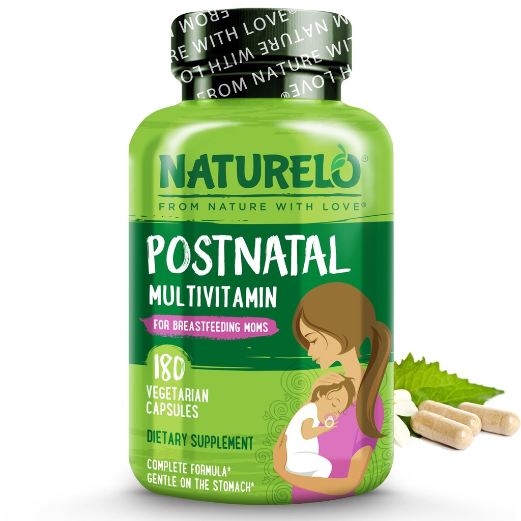NATURELO Postnatální Multivitamin - Doplněk pro kojící ženy - Plant- based vitamin D, folát, Jemný železo - pro ošetřující matku, dítě - Post Natal Kojení Podpora 180 Kapsle