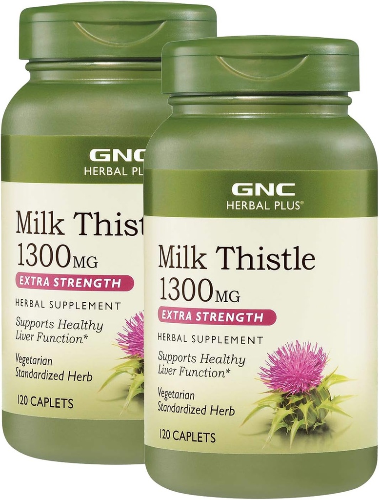 GNC Herbal Plus Mléko Thistle 1300mg, Twin Pack, 120 kaplety na láhev, podporuje zdravé funkce jater