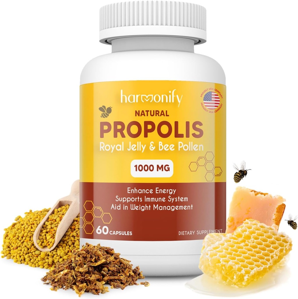 Bee Pollen Propolis Royal Jelly Extract with Carob, Pure Imunitary Supplement, Gluten- Free, Vegetarian Capsules, 1000 mg