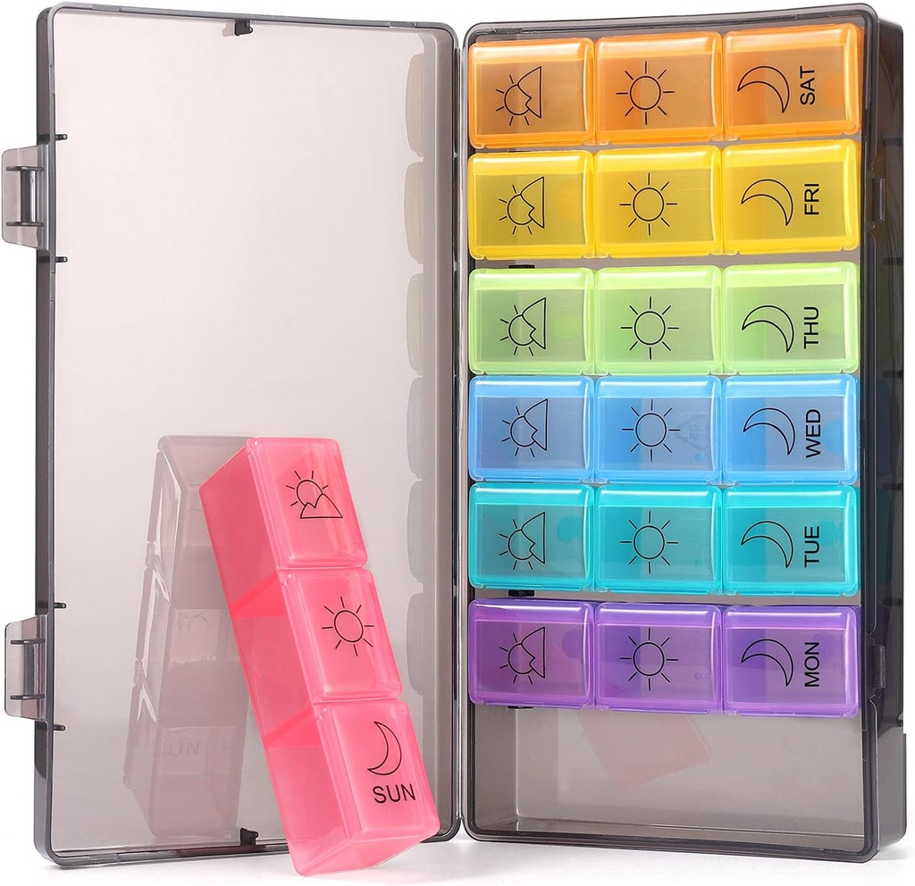 Týdenní Pill Organizátor 7 Day 3 Times, Přenosný Pill Organizátor, BPA Zdarma Pill Pouzdro, Cestování Denní Pill Box Upomínka, Pořadatel léků pro vitaminy, doplňky (Rainbow)