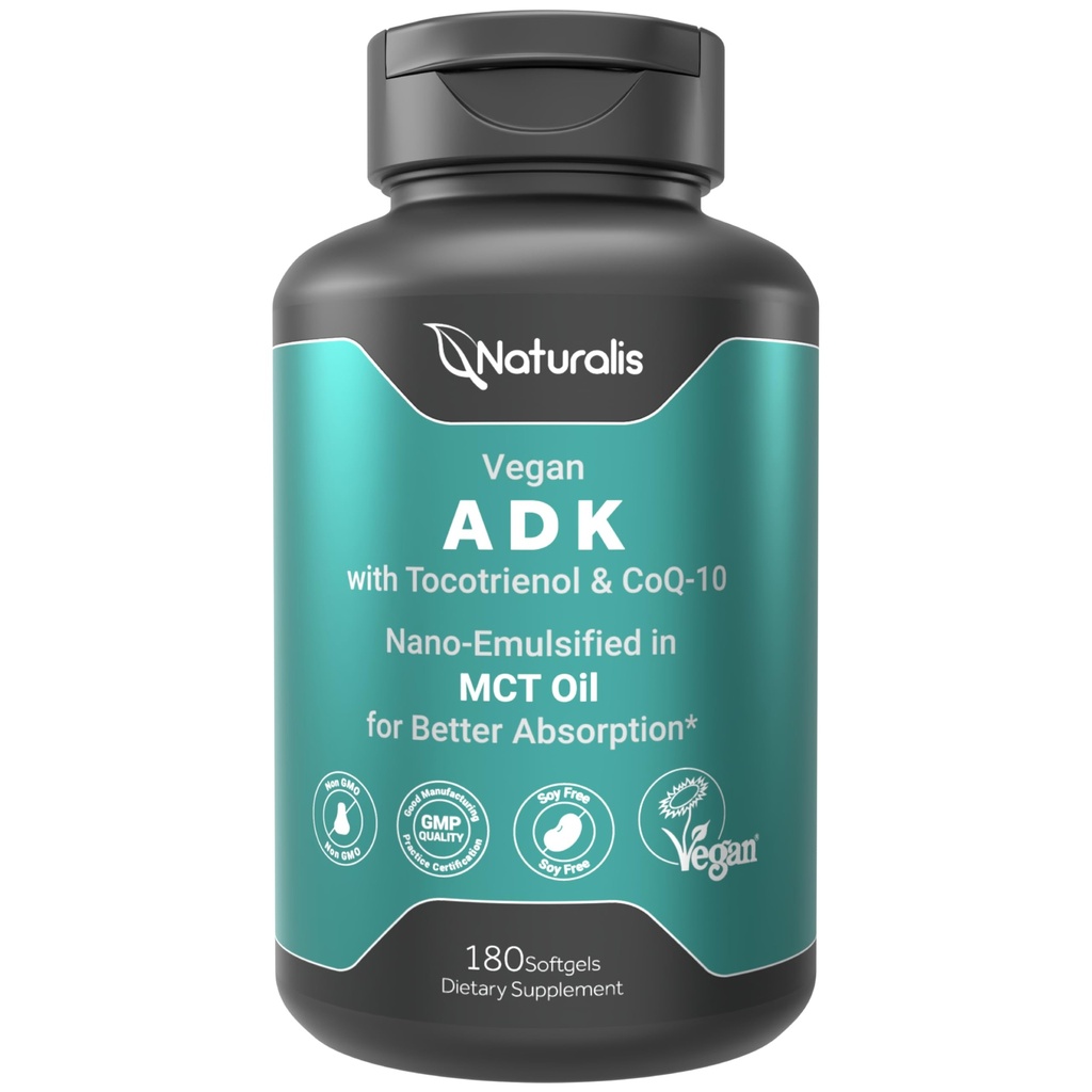 Naturalis Vegan Vitamin ADK s 50mg Tocotrienol a CoQ-10 IR 124; Nano-Emulgované v EVOO pro lepší absoprtion IR 124; Non- GMO, Soy Free a Vegan Society Certified IR 124; 180 Veggie Softgels (Karagenan zdarma)
