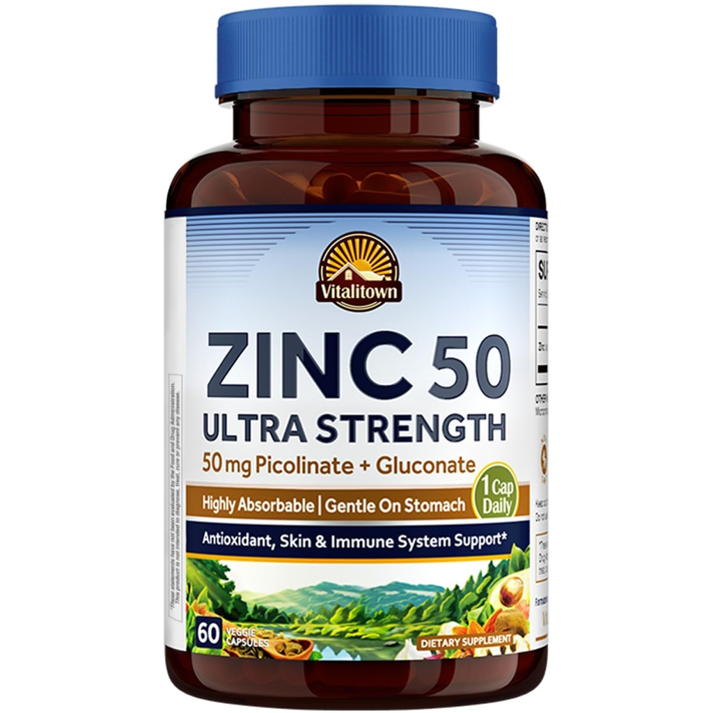 Vitalitown Chelated Zinek 50 mg, Zinc Picolinate & Gluconate, 60 Veggie Kapsle, Well- Absorbovaný, imunitní systém, Zdravá kůže a vývoj, Vegan, NO gluten, Non- GMO