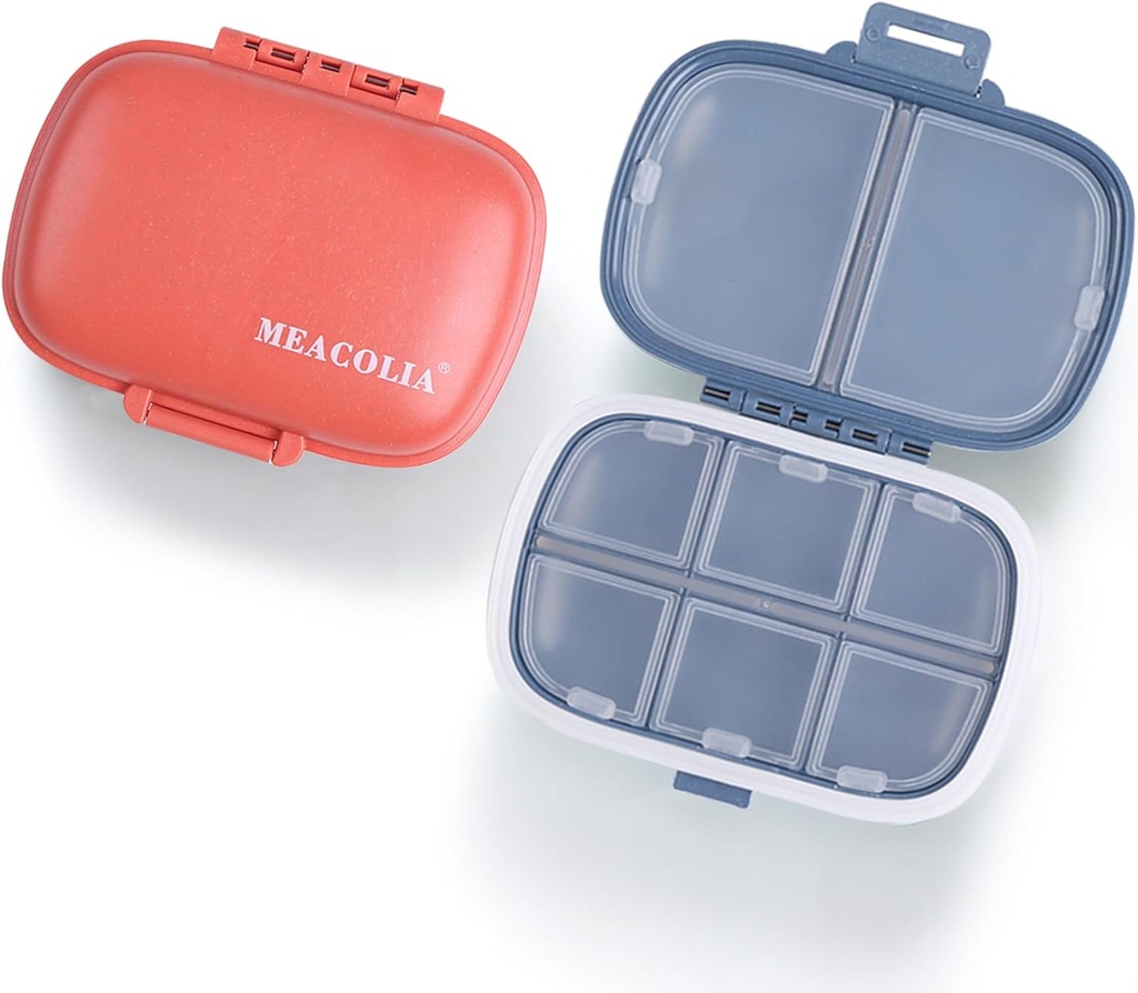 MEACOLIA 2 Pack 8 Compartments Travel Pill Organizer Box Moisture Proof Small Pill Pouzdro pro kapesní peněženky Denní Pill Holder Kontejner pro medicínu Vitamin (Dark Blue & Red)