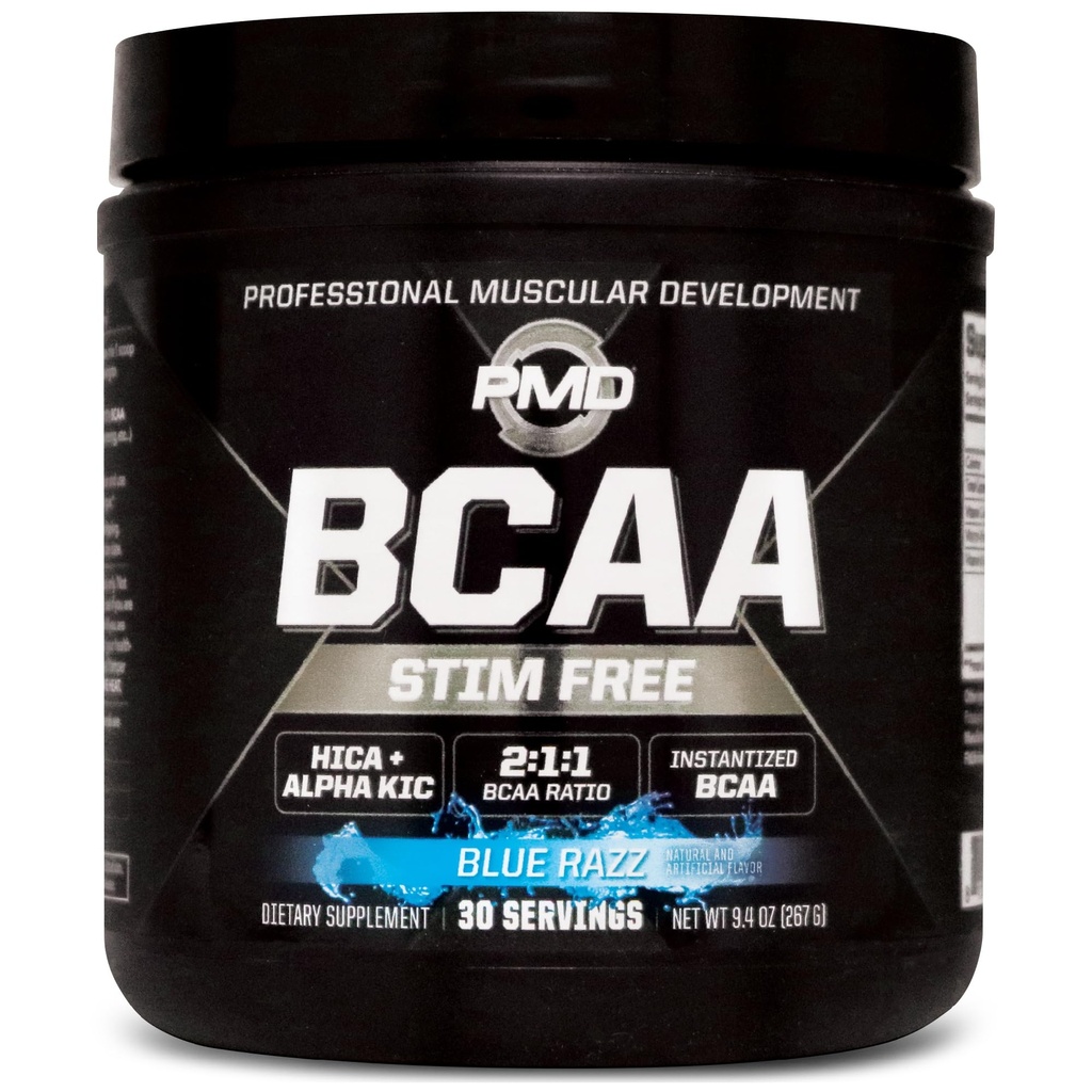 PMD Sports BCAA Stim- Free Amino Acids - Lepší výkon cvičení, Vylepšené zotavení, Denní energie, Muscle Builder, a Muscle Sparing - BCAA Powder Drink Mix - Blue Razz (30 Služeb)