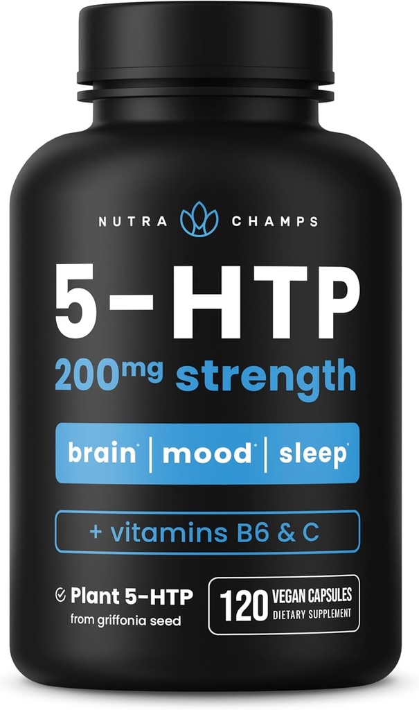 NutraChamps 5- HTP 200mg, 120 Vegan Kapsle, Čisté 5HTP 100mg Plus Co- Faktory Vitamin B6 & Vitamin C