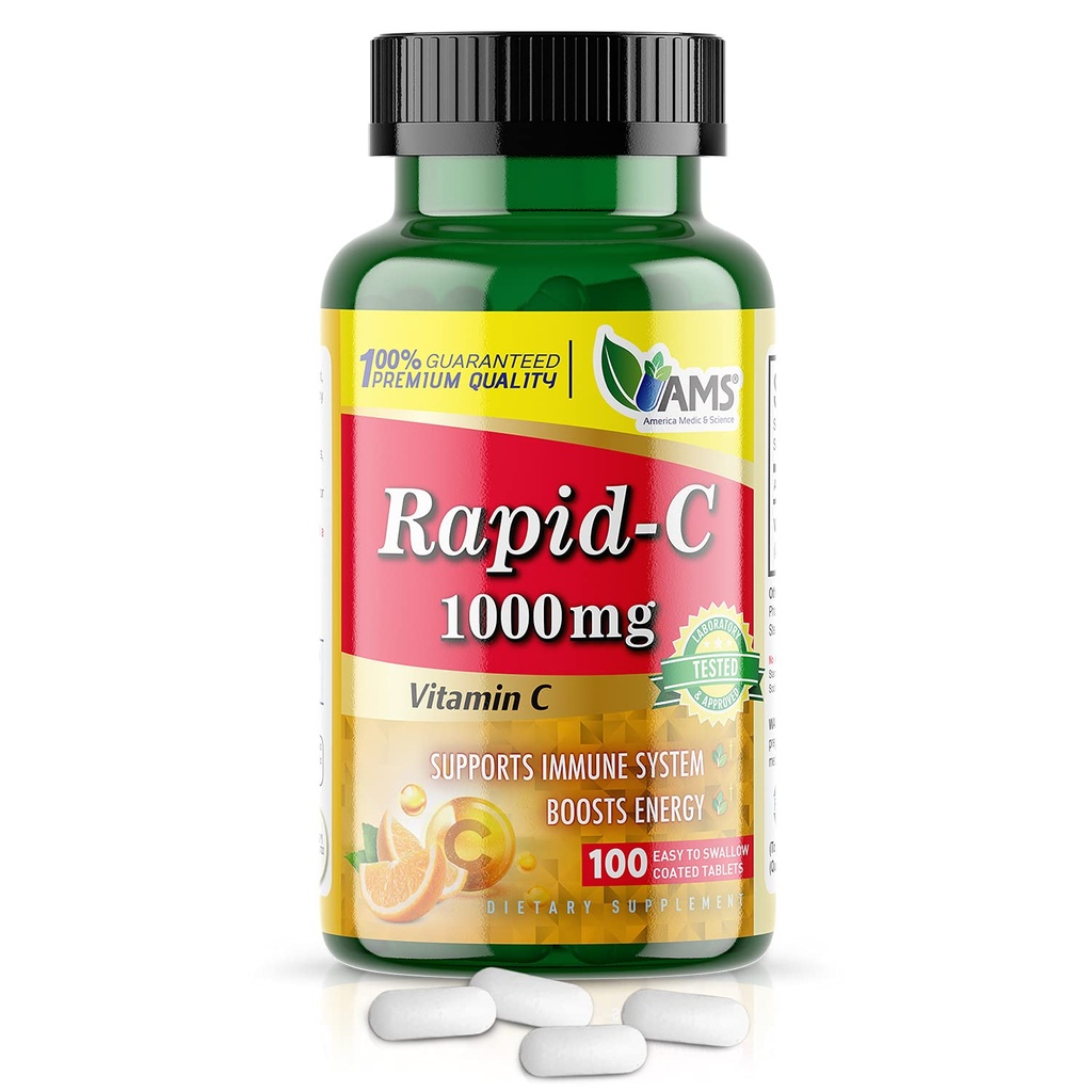 America Medic & Science Rapid-C 1000mg vitamin C dodatek (1 balení 100 tablet) Energy Booster, Denní imunitní systém Podpora, Antioxidant current 124; Vegan, Non- GMO potažený askorbická kyselina pro dospělé muže a ženy