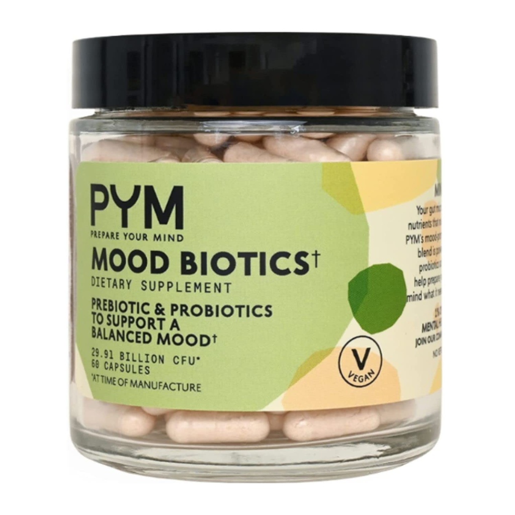 Prebiotika a Probiotika Mood Biotics by PYM s 22.91 Miliarda CFU (60 Počet) Gut zdraví & Mood Supplement Support Supplementary CF124; Non- GMO, Vegan, Gluten Free