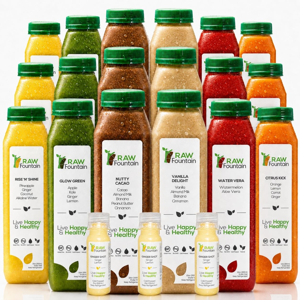 3 den protein šťáva vyčištění podle syrové fontány, Všechny přírodní syrové Detox Cleanse, Cold Pressed Ovoce, Zelenina, Vanilla a Čokoláda Flavor, Chuť a Energie, 18 Lahvičky 12oz, 3 Zázvorové střely