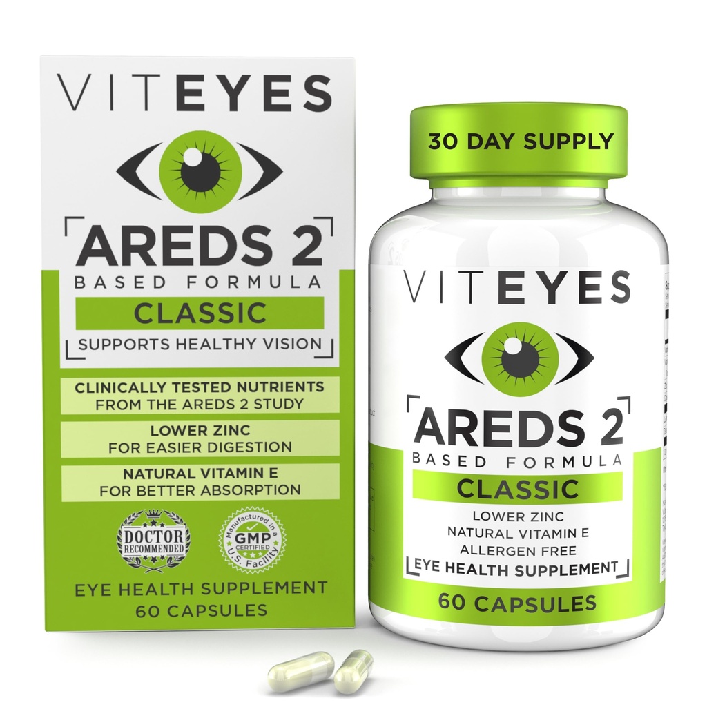 Viteyes ARES 2 oční vitamíny, Classic makulární podpora, Allergen volné kapsle, s přírodní vitamín E, Vitamin C, zinek, měď, lutein & Zeaxanthin, Oční doktor důvěryhodný, vyráběný v USA, 60 Ct