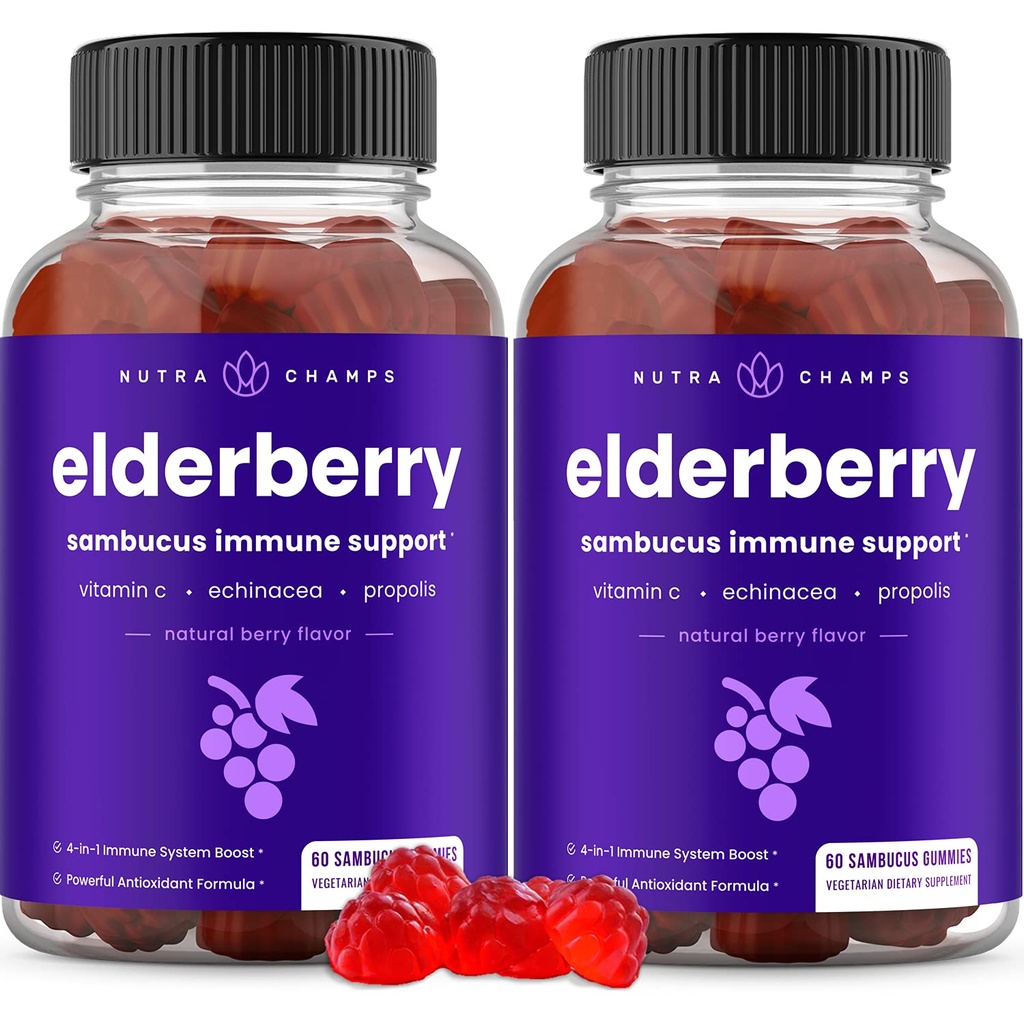 NutraChamps Elderberry Gummies, Sambucus Elderberry Gummies pro dospělé a děti, Vitamin C, Propolis & Echinacea, Max Silní Imunitate Support Gummies, Natural Berry Flavor, 120 Gummies (Balení po 2)