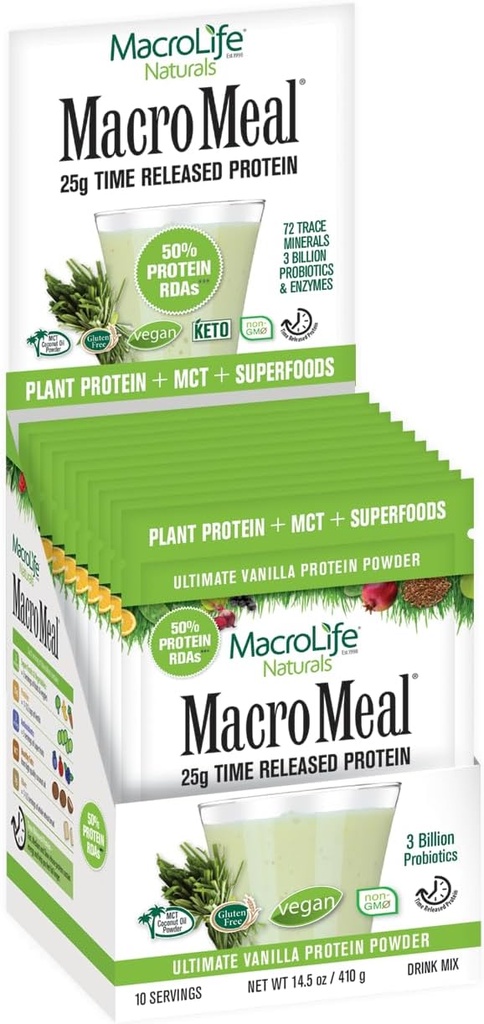 MacroLife Naturals MacroMeal Vegan Vanilla Superfood dodatek Powder Protein + Zelené, Probiotika, Digestivní Enzymy, Vlákna - Energie, Detox, Imunitní - Non- GMO, Gluten- Free- 10 Packet Service