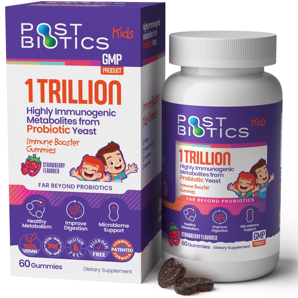 NAVEH PHARMA Postbiotics Kids Jahodové žvýkačky. Dětská postbiotika, věk 4 +, 1 trilion metabolitů 200X ingredience než probiotické nebo prebiotické. Gut zdraví, imunita, potrava a mikrobiom