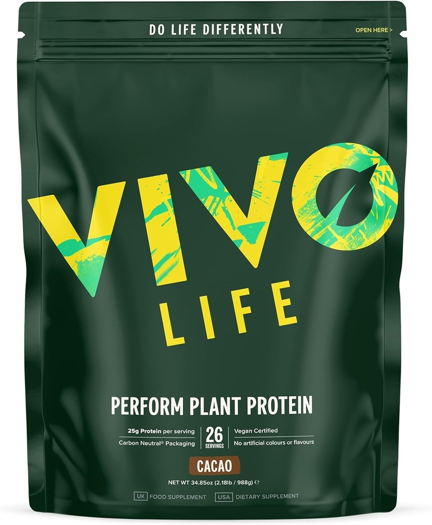 Vivo life Perform Plant Protein Powder 124; 25g Protein with 6g BCAA, Iron, Zinek, Turmeric & Bylinný enzym Blend 124; Lactosa Free & Easy to Digest, Plant- Based Nutrition Authority 124; Raw Cacao - 26 Služeb
