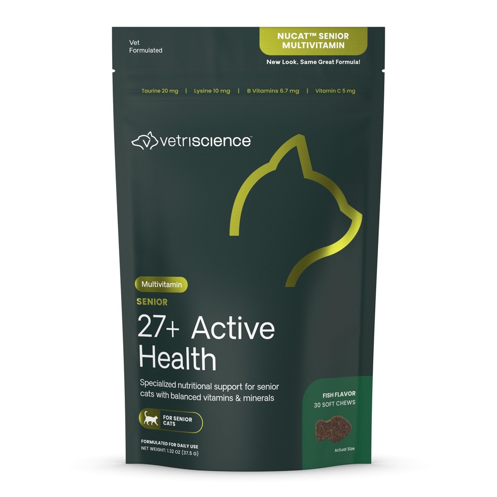 VetriScience Senior 27 + Active Health Chews, Nu Cat Daily Multivitamin pro starší kočky, balancované vitaminy, minerály a antioxidanty, Zdravá stárnutí a wellness podpora, Ryby, 30 Počet