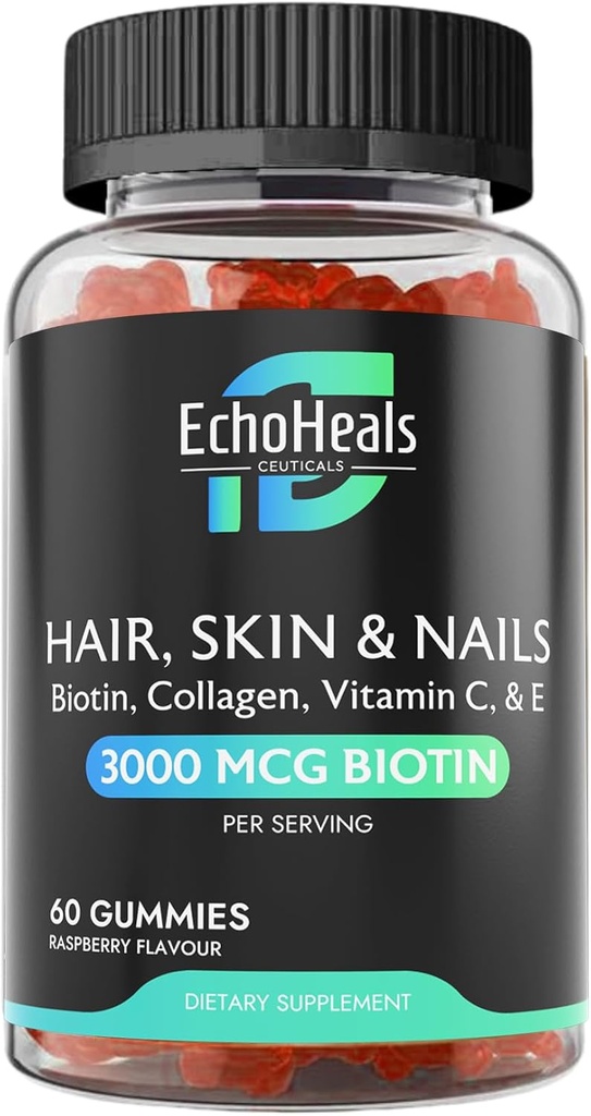 Vlasy, kůže a nehty gumové 124; Biotin kolagen vitamin C & E doplněk 124; 3000mcg Biotin 124; Malina ochucené 124; 60 gumové