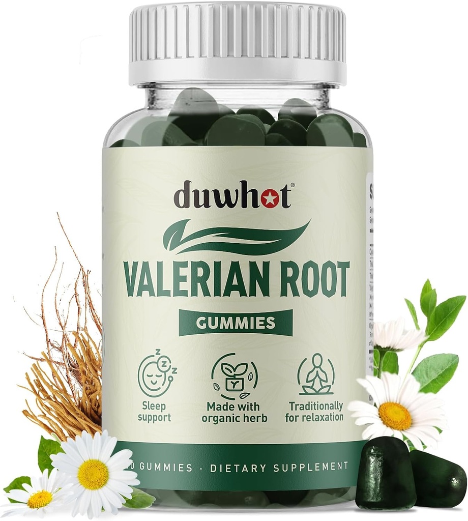 Valerian Root Gummy, Organic Valerian Root for Sleep & Stress Relief, Vylepšený s heřmánkovou květinou pro dospělé, Childs- Friendly, Apple Flavor, 60 Counts