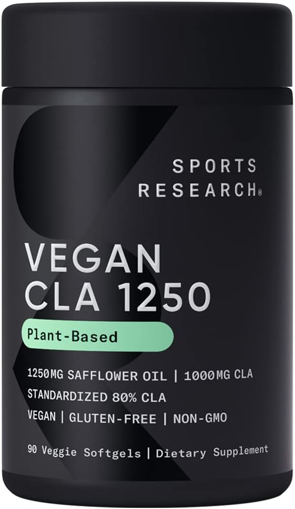 Sportovní výzkum Vegan CLA - 1250mg s aktivní konjugovanou linoleovou kyselinou pro muže a ženy 124; Non- GMO, Soy & gluten Free - 80% (90 Softgels)