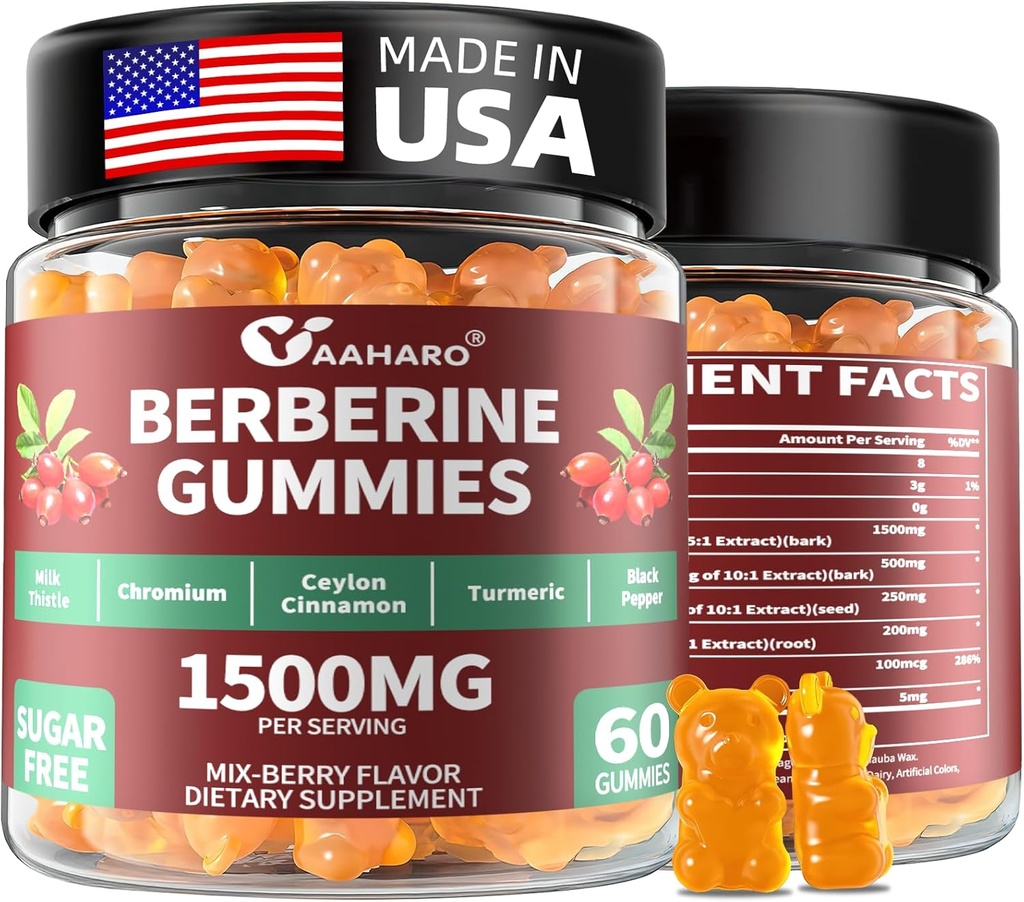 Berberine s Ceylon Skořice Gummies - 1500mg Berberine HCI Dodatek s chromem, kurkuma a mléčný thistle - Imunitní podpora - pro ženy a muže - 60 Cukr zdarma Gummies