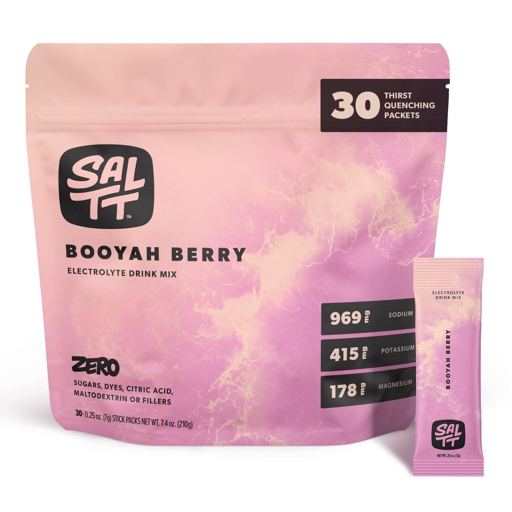 SALTT Electrolytes Powder Ochucené nápoje Mix - Booyah Berry - 30 Hydratační balíčky - hořčík, draslík, sodík, stopové minerály - Nulový cukr & gluten zdarma - Cestování Essentials