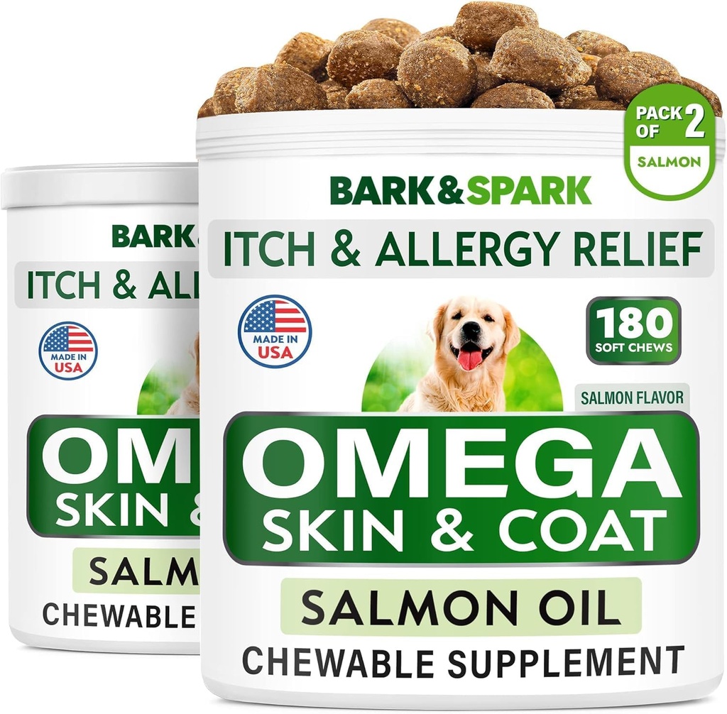 BARK & SPARK Omega 3 pro psy - 360 Fish Oil Treats for Dog Shedding, Skin Alleries, Itch Relief, Hot Spots Treatment - Joint Health - Skin and Coat Supplement - EPA & DHA Fatty Acids - Losos Oil