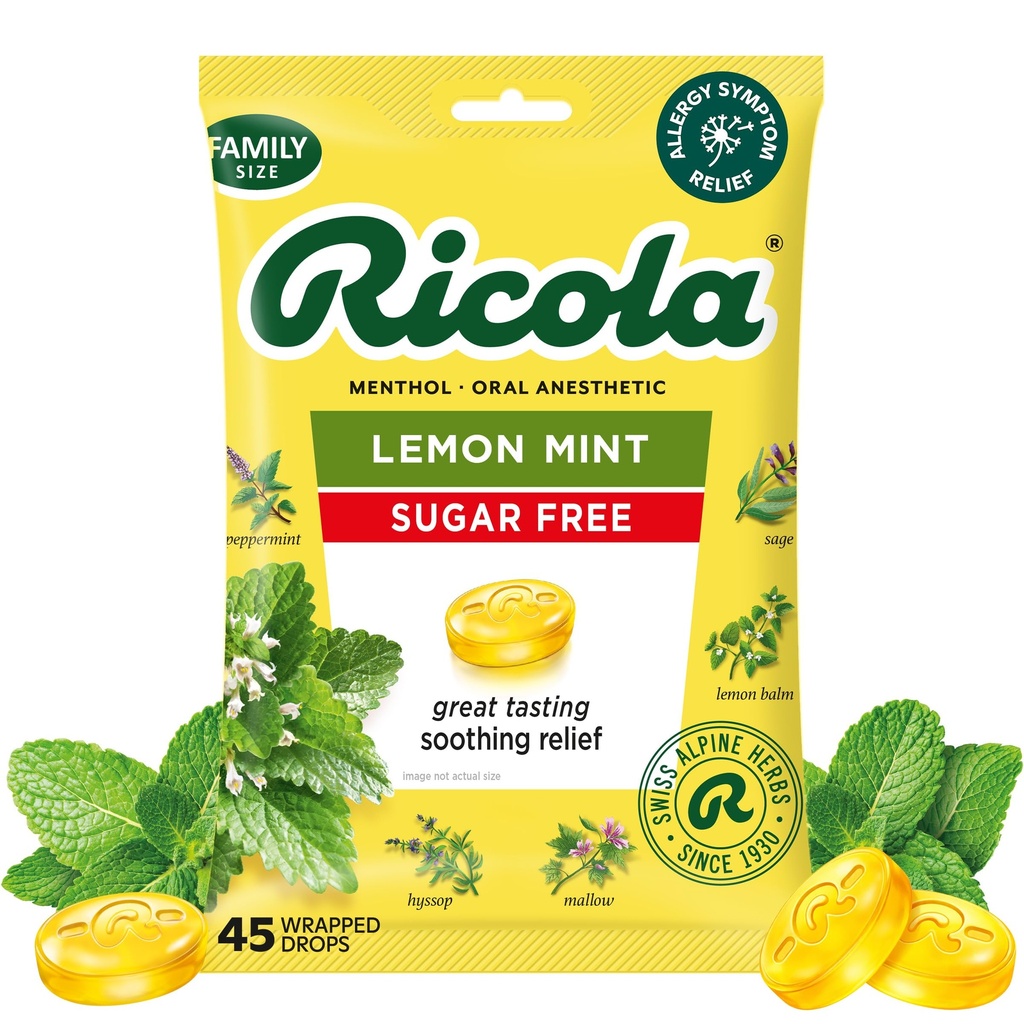Ricola Sugar Free Lemon Mint Throat Drops, 45 Počet, Orální anestetika