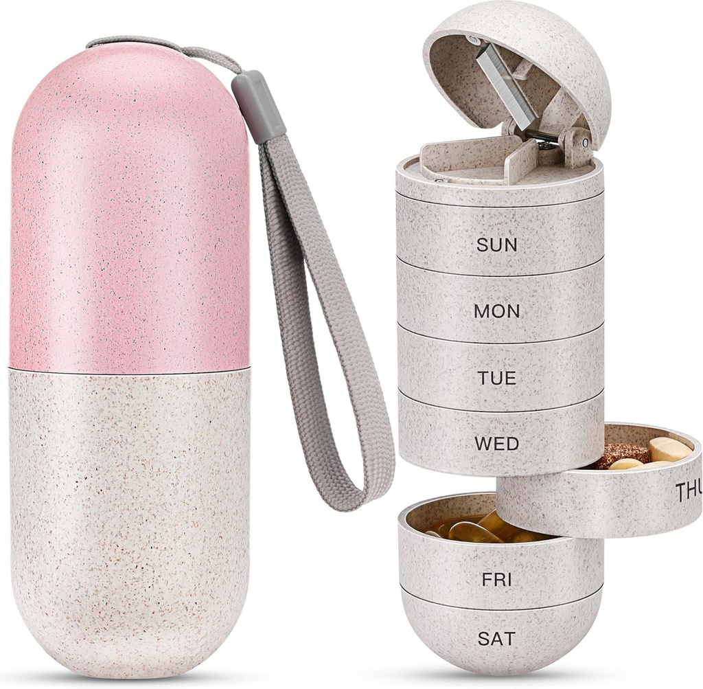 Zannaki 2 v 1 Pill Pořadatel s Cutter, Grain Fiber Týdenní Pill Pouzdro Velký Kompatibilní Moisture Proof, Magnetický zámek, BPA Volný cestování Pěší Pill Box 7 Den držet pilulky, Vitamíny, Rybí olej, doplňky