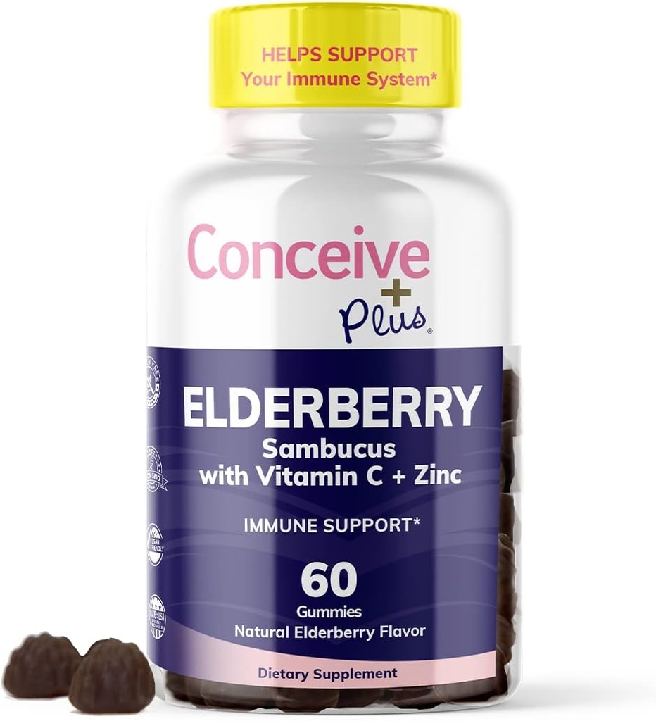 CONCEIVE PLUS Elderberry Gummies - Sambucus Black Elderberry s vitamínem C & Zinek, Delicious Blueberry Flavor, 60 Počet, 30 denní dodávka
