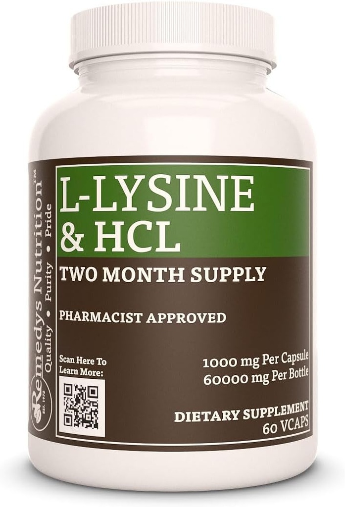 Remedyina výživa L- lysin HCL 124; 1000 mg, 60 Vegan Capsule Amino Acid Dietární dodatek 124; Dva měsíce Dodávka